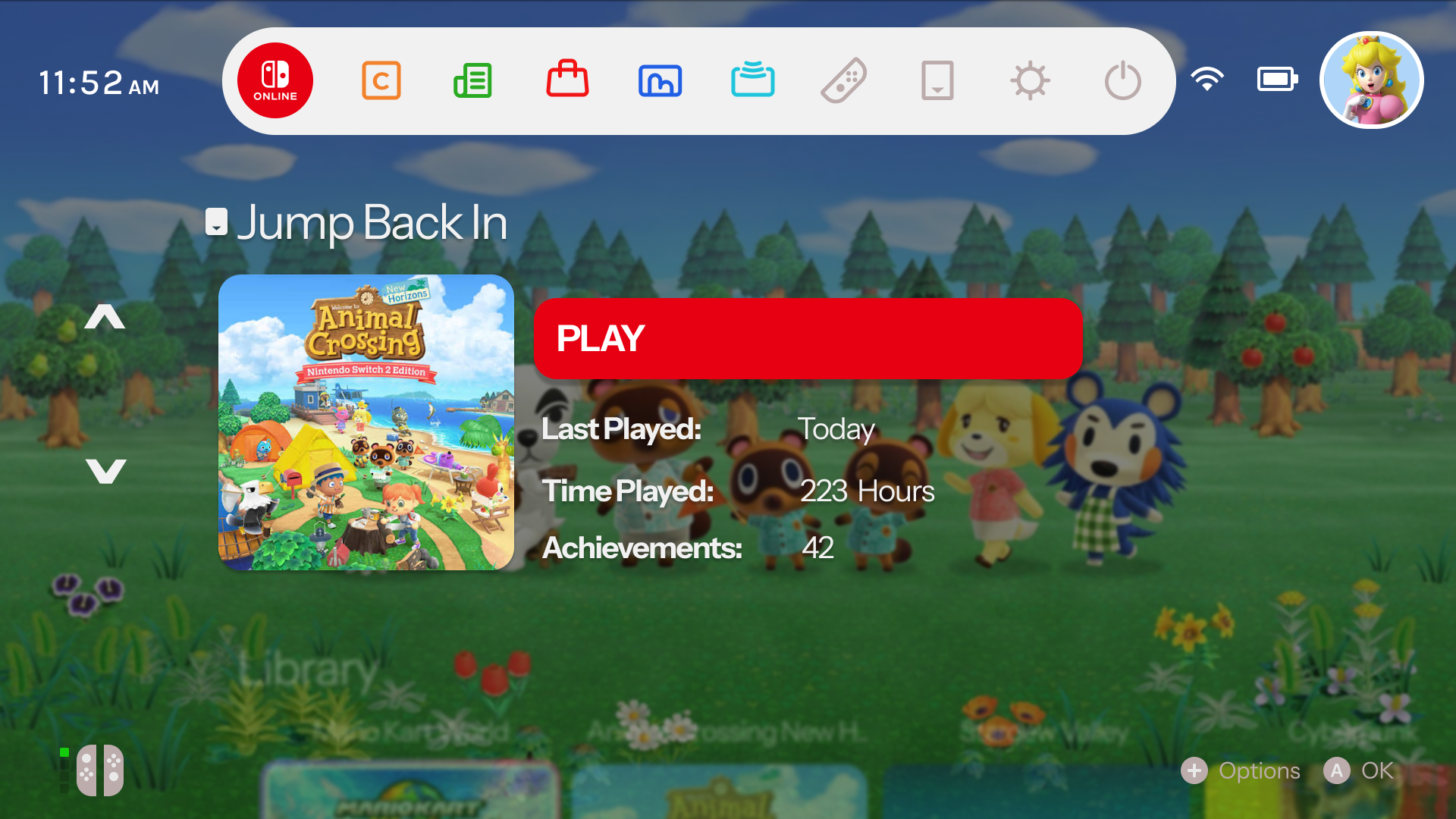 Nintendo Switch 2 UI Jump back in - Dark Mode